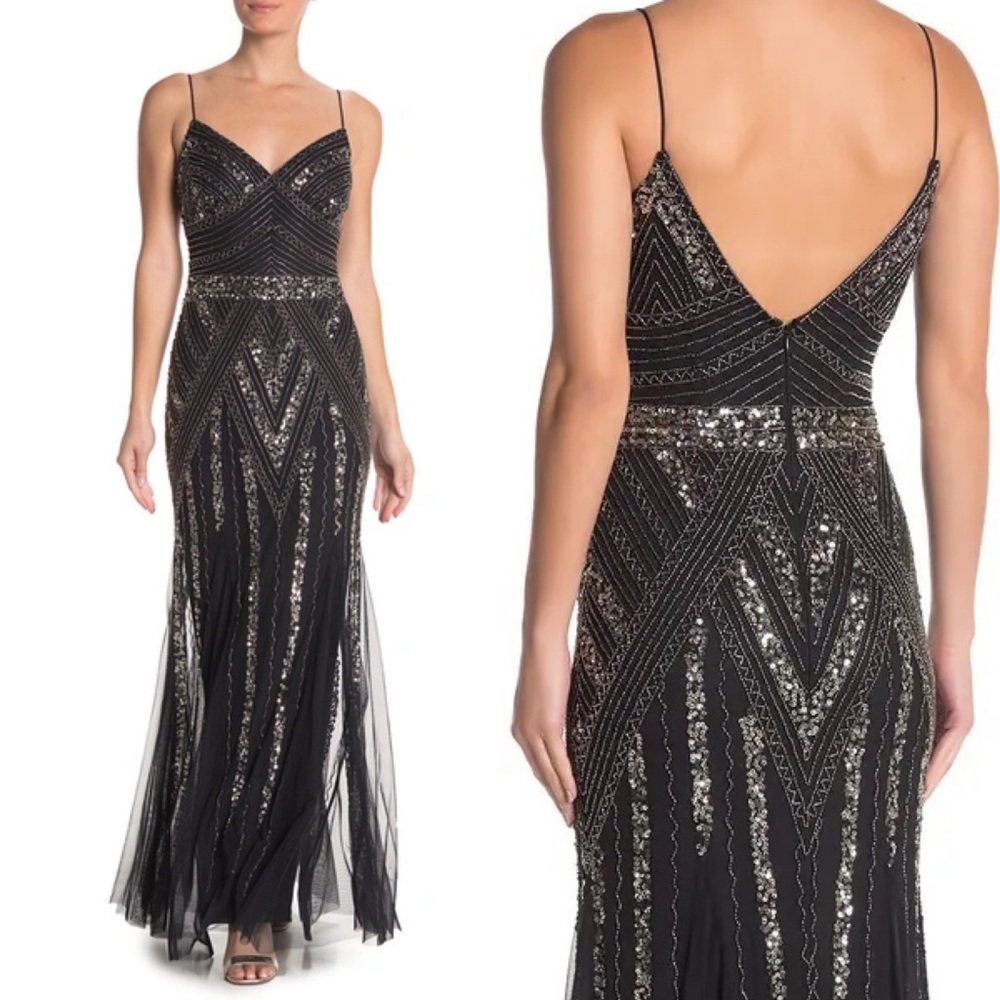 MARINA Black Sequin Beaded Maxi Dress